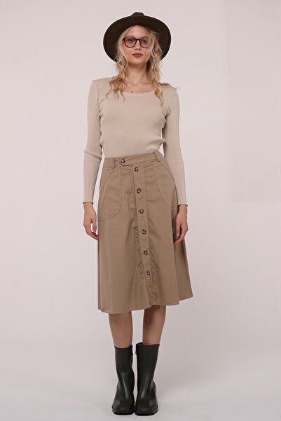 Atölye Güven Beige Gabardine 100% Cotton Buttoned Pocket Midi Bell Skirt