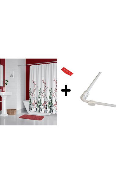Zethome Κουρτίνα μπάνιου 7766 1x180x200, Κρεμάστρα Κουρτινών Σωλήνων Γωνιακός Σωλήνας Λευκό Δώρο, Σετ Κουρτίνας Ντους
