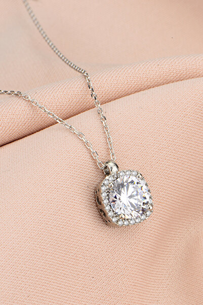 KAR DİAMOND Orijinal Gümüş Rodyumlu Zirkon Taşlı Pırlanta Modeli Tek Taş Kolye - Sertifikalı