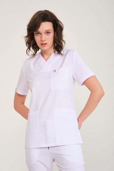 Pratik Medikal Lycra Scrubs White Envelope Collar Doctor Nurse Jersey Single Top