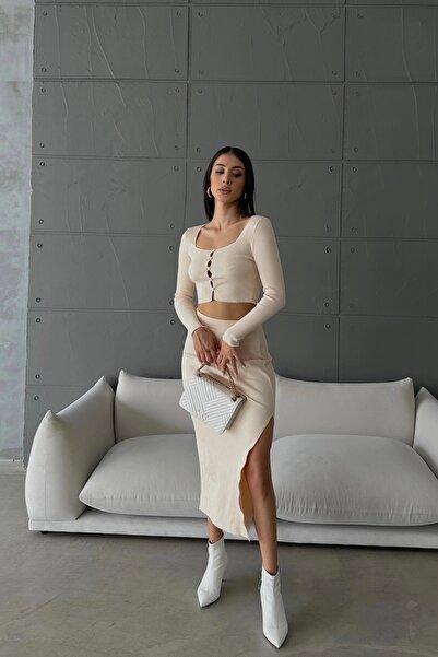 Eka Set fuste cardigan bej pentru femei 1018-1129