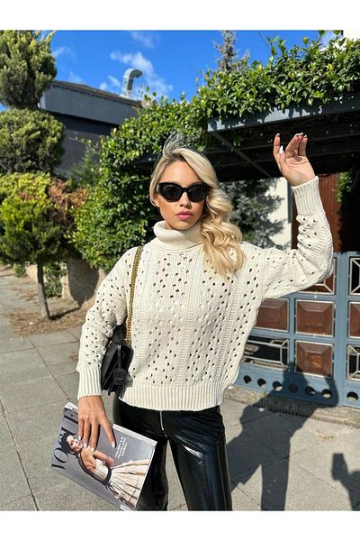 Valiberta Openwork Turtleneck Sweater - Light Beige