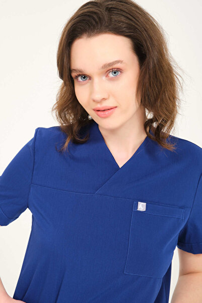 Pratik Medikal Likralı Scrubs Saks Mavi Zarf Yaka Doktor Hemşire Forması Tek Üst