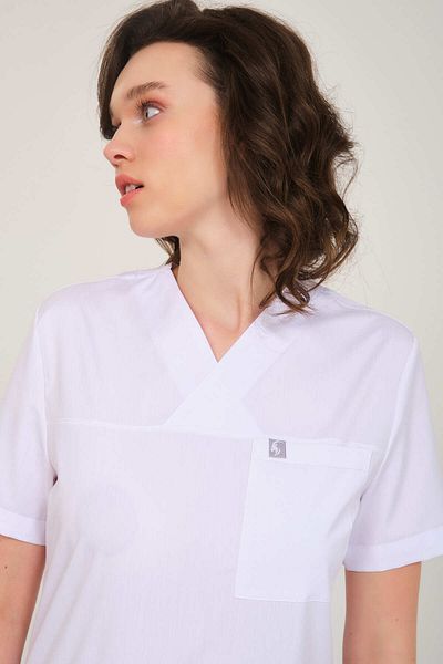 Pratik Medikal Lycra Scrubs White Envelope Collar Doctor Nurse Jersey Single Top