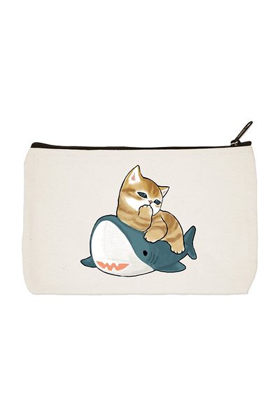 designedfy Cat on Shark Printed υφασμάτινη τσάντα μακιγιάζ, θήκη για στυλό, τσάντα, πορτοφόλι