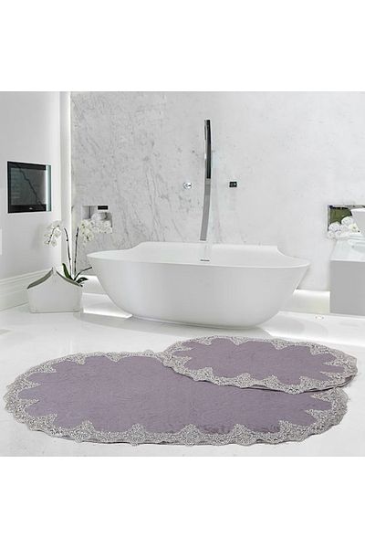 Bonny Home Λούτρινο Lux Γκρι Χρώμα Προίκα Δαντελωτό Σετ Χαλάκι Μπάνιου 2 τεμαχίων Δαντελωτό Σετ Τουαλέτας
