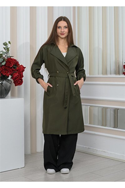 Nuseel Yeni Sezon Oversize Uzun Trençkot Haki