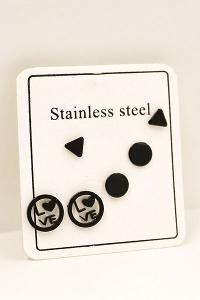EUROMODA Set of 3 Steel Earrings with Stainless Tarnish Steel Love Written Circle and Triangle Earrings