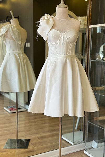 Lenta Moda Beyaz Saten Mini Abiye ve Gece Elbisesi