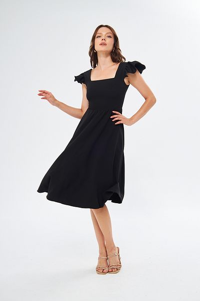 WOMAN VISION Rochie midi cu guler pătrat din țesătură Atlas neagră cu detaliu de design pentru partea umărului 125