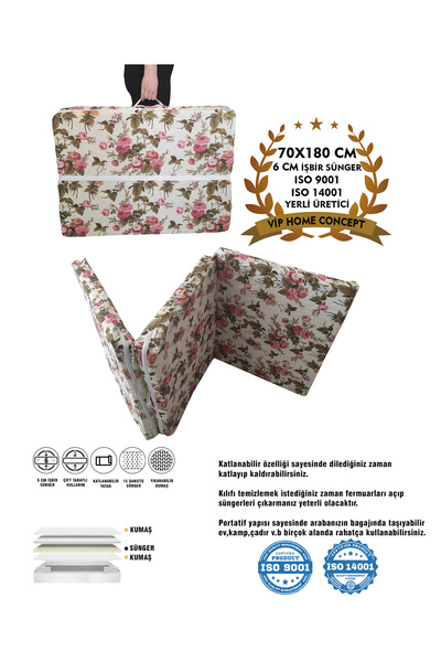 Vip Home Concept Market Ürünleri Katlanır Sünger Yatak(70x180x6cm)ingiliz Gülü Minder Yatak Fermuarlı