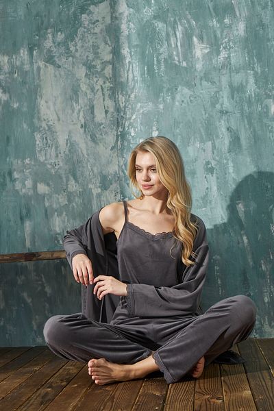 MEBA Set de pijamale din 3 piese, din catifea franceză, afumată, cu halat, set de zestre