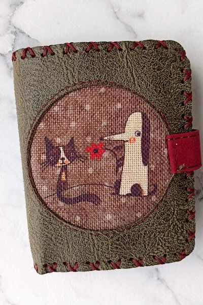 Fildişi Aksesuar Handmade Women's Wallet, Vegan Leather, Khaki Color with Cat Dog Image