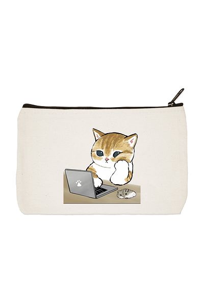 designedfy Computer Guy Cat Printed υφασμάτινη τσάντα μακιγιάζ, θήκη για στυλό, τσάντα χειρός, πορτοφόλι
