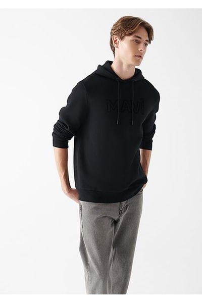 Mavi Logo Baskılı Kapüşonlu Siyah Sweatshirt Siyah