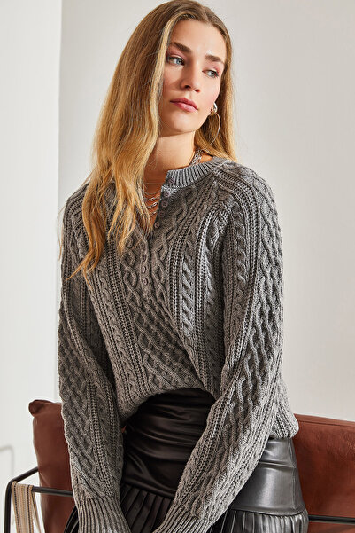 Bianco Lucci Women's Anthracite Hair Braided Buttoned Knitwear Sweater 20234244