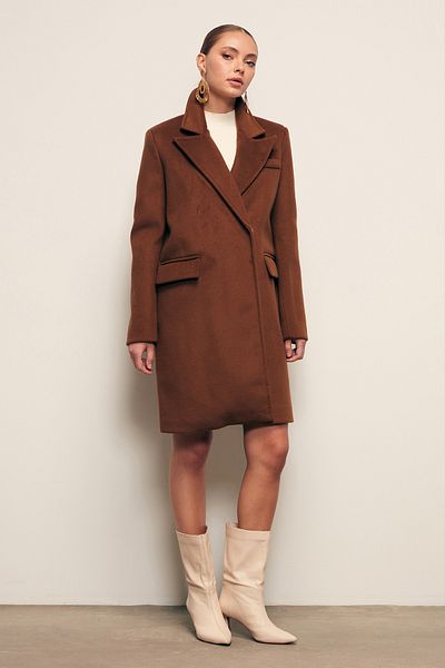 Sateen Cashmere Coat with Pockets - BROWN