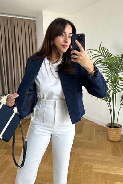 HASYAMORE Jachetă scurtă din tweed, căptușită, cu detaliu cu nasturi argintii, albastru bleumarin