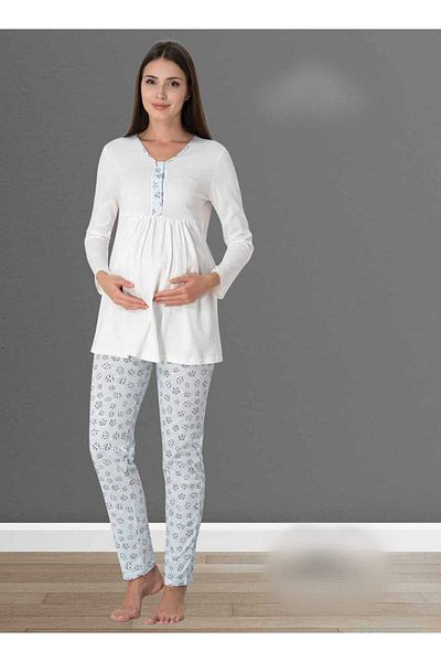 Lohussa Set de pijamale de maternitate, din bumbac, cu modele, cu design albastru, pentru femei