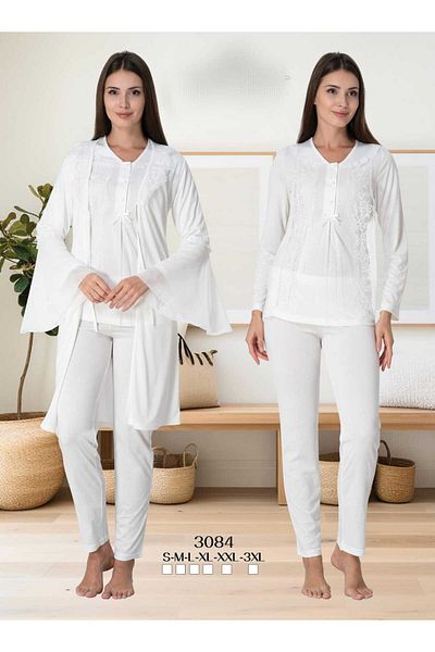 Lohussa Women's Ecru Design Lacy Cotton Maternity Maternity Dressing Gown Pajamas Set 3 Pieces