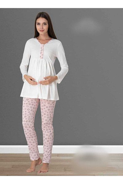 Lohussa Women's Pink Design Patterned Cotton Maternity Maternity Dressing Gown Pajamas Set 3 Pieces
