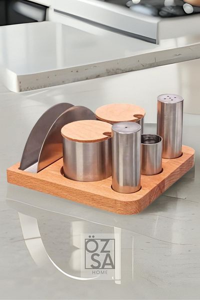 ÖzSa Home 6 Compartment Wooden Napkin Holder Toothpick Holder Salt Shaker Spice Set Diner Restaurant Set 9 Piece Menage Set
