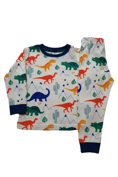 elmas kids Set pijamale cu mâneci lungi pentru băiat, 100% bumbac, alb, cu model de dinozaur