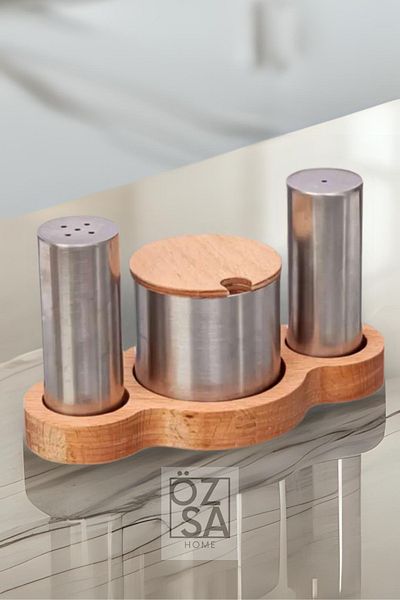 ÖzSa Home 3 Compartment Wooden Napkin Holder Toothpick Holder Salt Shaker Spice Set Diner Restaurant Set 5 Piece Menage Set
