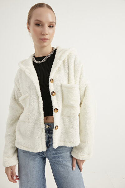 MEECY Γυναικεία λευκή βελούδινη ζακέτα με διπλή τσέπη με κουκούλα