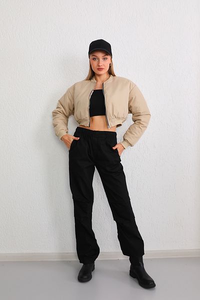 BİKELİFE Women's Beige Oversize Bomber Jacket Coat