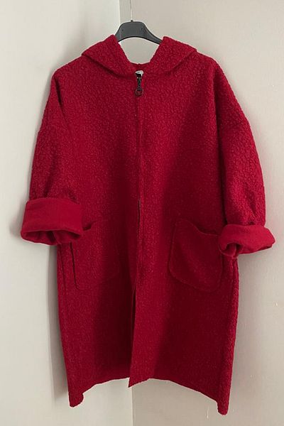 AYASOFYA OTANTIK Women's Italian Red Hooded Zippered Pocket Long Oversize Loose Boucle Coat