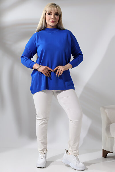 MJORA Blue Half Turtleneck Fine Knitwear Plus Size Sweater