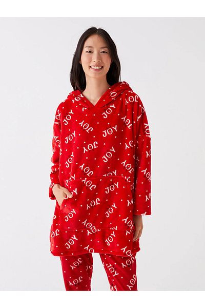 LC Waikiki Top de pijama de pluș pentru femei, cu glugă, tematică de Crăciun