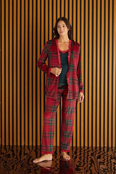 Pijamoni PİJAMONİ DESENLİ FRANSIZ KADİFE3 LÜ PİJAMA TAKIMI-KIRMIZI
