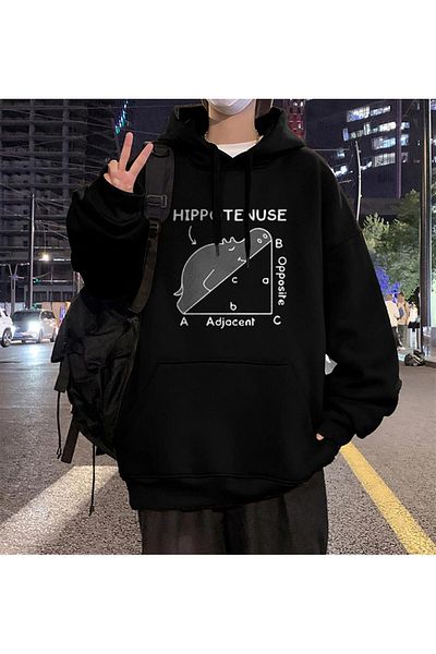 Toum Hanorac cu glugă supradimensionat unisex negru cu imprimeu Hippotenuse