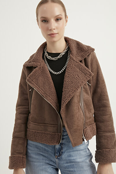 MEECY Women's Bitter Brown Fur Faux Suede Crop Biker Jacket