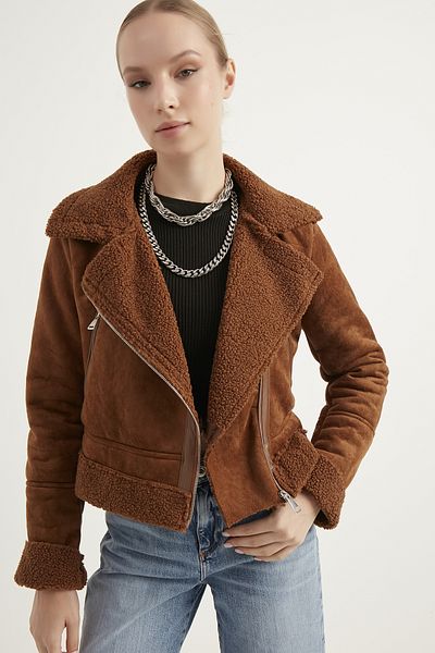 MEECY Pelzige Crop-Bikerjacke aus Wildlederimitat für Damen