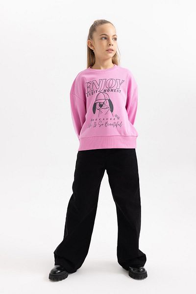 DeFacto Girl's Printed Crew Neck Soft Fuzzy Thick Sweatshirt