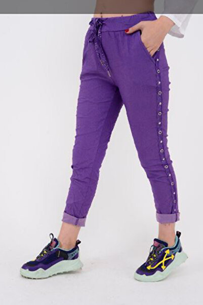 AYASOFYA OTANTIK Γυναικείο Μωβ Ιταλικό Παντελόνι Λύκρα με Ρίγες με Μάτια