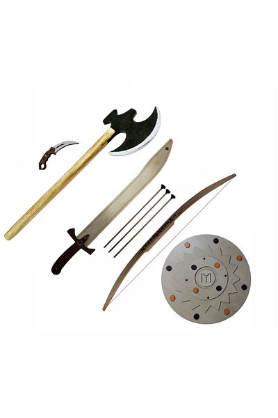 Ahtek Wooden Toy Set, Shield + Ax + Sword + Karambit + Arrow Bow Set 5 Pieces