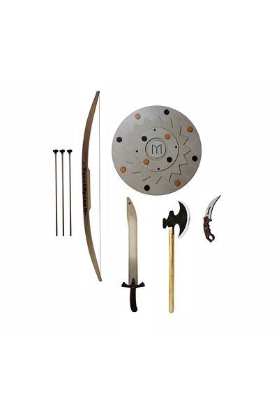 Ahtek Wooden Toy Set, Shield + Ax + Sword + Karambit + Arrow Bow Set 5 Pieces