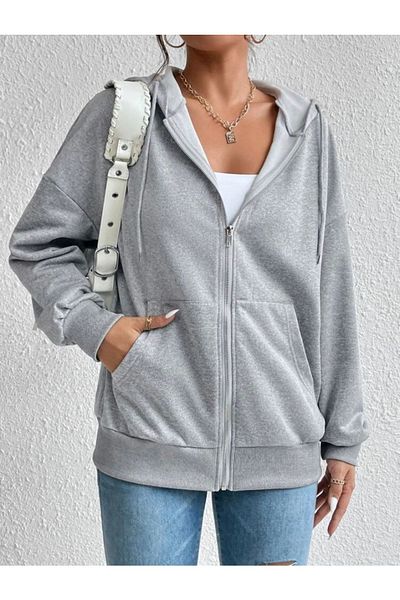 Josette Φούτερ ζακέτα χωρίς στάμπα - Γκρι Oversize με κουκούλα με φερμουάρ Χειμερινό πάχος