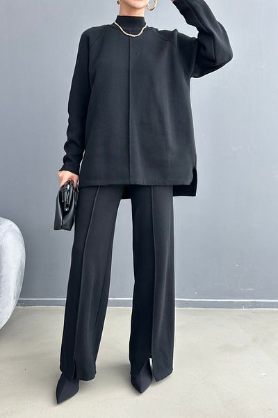 vuvutasarım Strickstoff, hoher Kragen, langärmeliger schwarzer Pullover und schwarze Hose mit hoher Taille, Strickanzug 1070
