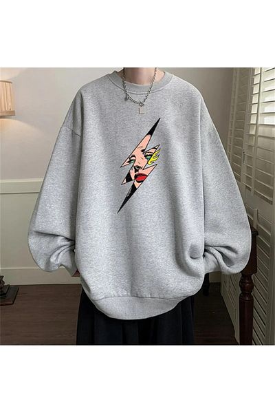 Gofeel Harajuku Street Girl In Lightning Printed Gray Unisex Oversize Crew Neck Sweatshirt HS