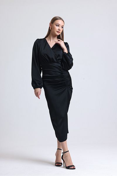 ADASTYLE Σατέν φόρεμα με διπλό στήθος με ντραπέ και σχισμή καινούργιο