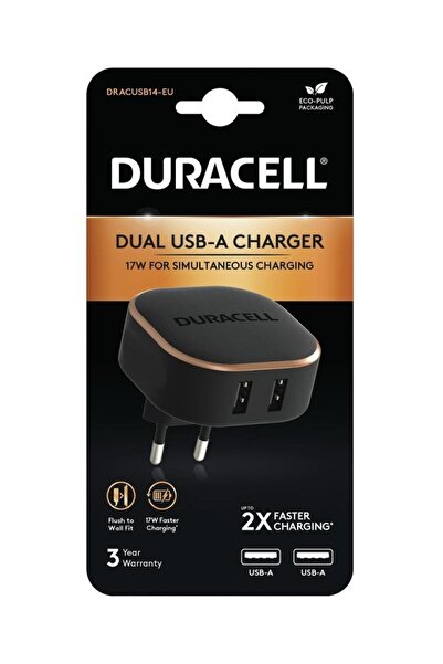 Duracell 17W Telefon / Tablet Şarj Başlığı 2xUSB 5v/3.4A - Siyah
