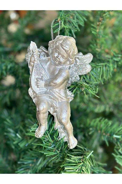 QUEEN AKSESUAR Imported large collectible glittered eros angel pine tree tree hanging decor mica ornament 13cm silver gray