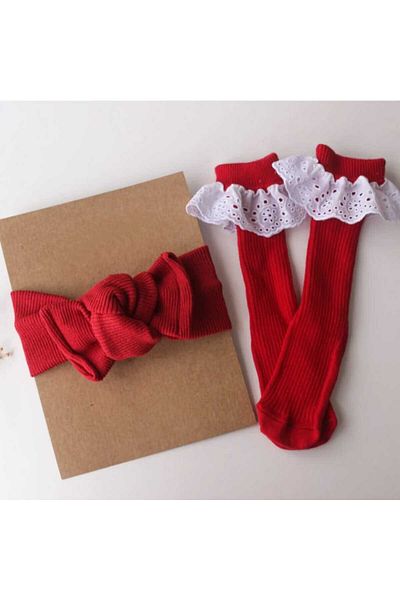 ESES BEBE Baby Girl/socks Red Ribbed Bandana And Scalloped Socks Set
