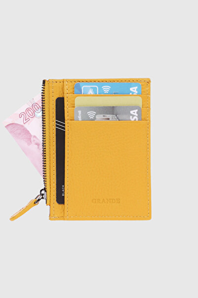 Grande 853 Genuine Leather Coin Compartment Zippered Vertical Card Holder Flother Yellow
