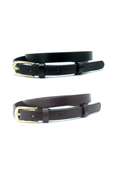 Livize 2'Li Siyah Kahverengi Hakiki Deri Kadın Kemeri Eni 2cm